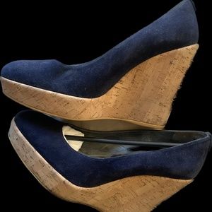 STUART WEITZMAN CORKSWOON PLATFORM WEDGE - NAVY SUEDE SIZE 41 (US 10.5/11)